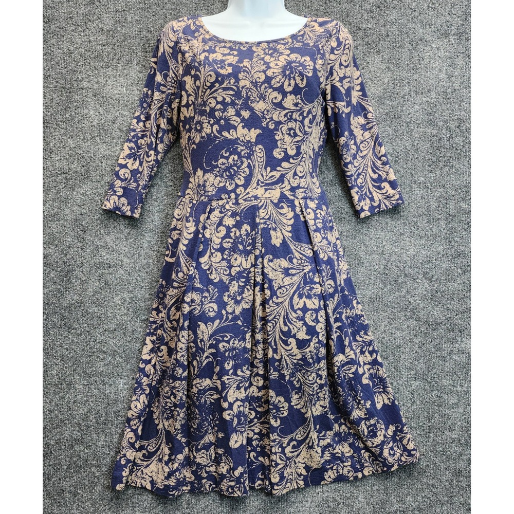 Peruvian Connection Women Damask Floral A-Line Midi Dress Pockets Stretch Size S
